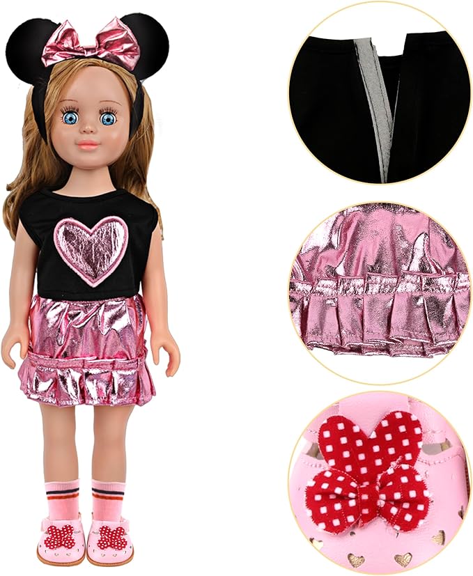 MSYO 18 Inch Doll Clothes & Accessories Set,Black Pink Heart Top & Metallic Pink Skirt Outfit with Mouse Ears Headband,Sunglasses,Socks,Shoes,Bracelet,Fits 16-18 Inch Baby Dolls(Pink)