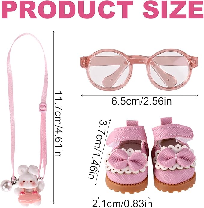 Doll Outfits Set, Includes Glasses & Pink Princess Shoes & Bunny Lanyard Stylish Doll Clothing Accessories and Gifts