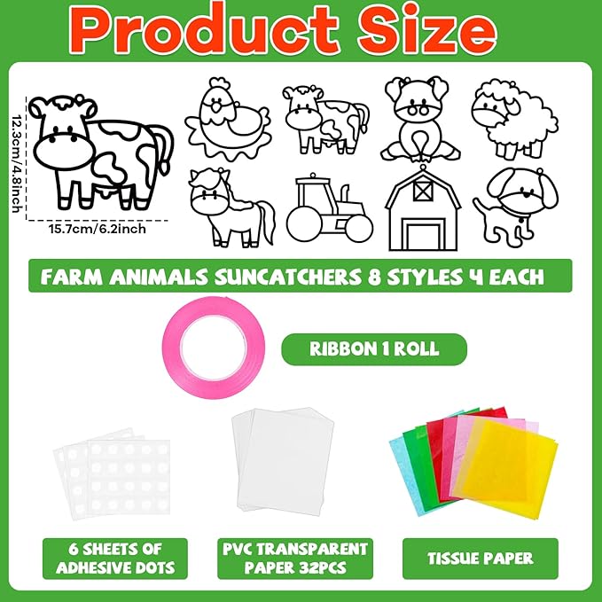 QOUBAI 32 Sets Farm Animals Suncatchers Craft Kit DIY Window Stained Glass Effect Cow Horse Chicken Paper Craft Home School Classroom Decoration Kid Birthday Gift Creative Art Project Activity Game