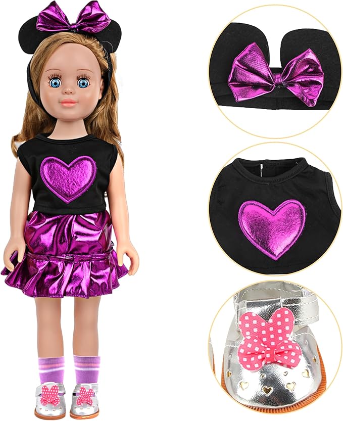 MSYO 18 Inch Doll Clothes & Accessories Set,Black Purple Heart Top & Metallic Purple Skirt Outfit with Mouse Ears Headband,Sunglasses,Socks,Shoes,Bracelet,Fits 16-18 Inch Baby Dolls(Purple)