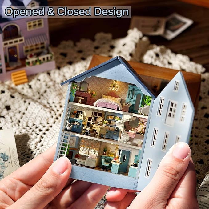 TuKIIE DIY Miniature Dollhouse Kit with Furniture, 1:32 Scale Creative Room Opened & Closed Mini Wooden Doll House for Kids Teens Adults(Molan House)