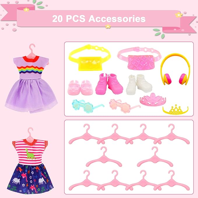 30 PCS Mini 6 Inch Doll Clothes and Accessories Include 4 Tops, 4 Pants for Boy Dolls, 5 Dresses , 2 Swimsuit and 2 Shoes, 10 Outfits Hangers Pocket Glasses Headset Crown for 5.3-6 Inch Dolls