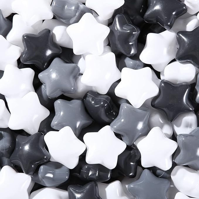 STARBOLO Baby Ball Pit Balls - 100pcs Star Balls for Ball Pit Plastic Ball Baby Play Ball Playhouse Playpen, Black/Gray/White Stars for Brithday Party Decoration.