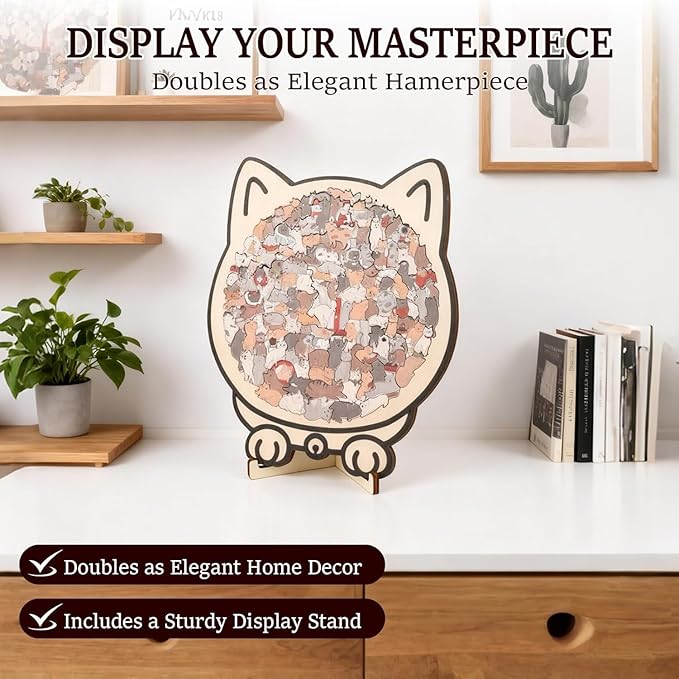 Cat Shaped Wooden Jigsaw Puzzle 135-Piece, Morandi Colors Animal Cats Decorative with Cats Outlines Framed and Acrylic Cover, Home Design Decor