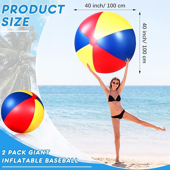 Seematn 2 Pack Giant Beach Balls, 40 Inch Large Inflatable Balls Rainbow Color Big Plastic Toys for Kids and Adults, Summer Pool Games, Backyard Fun, Beach Party