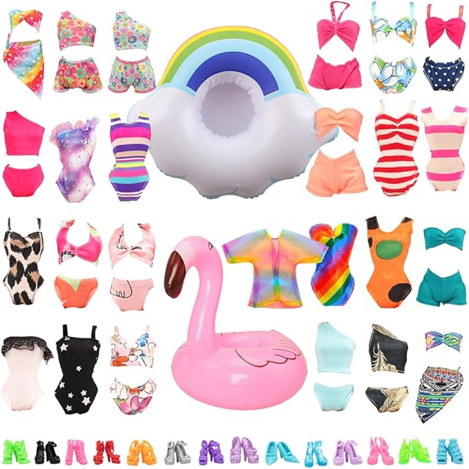 BARWA 12 Items 5 Psc Swimsuits Bathing Clothes Bikini One Piece with 2 Pool Floaties with 5 Shoes for 11.5 inch Doll