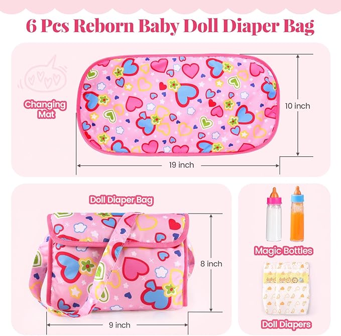 BABESIDE 5 Pcs Baby Diaper Bag Set with Magic Bottles, Baby Doll Accessories Includes Changing Mat, Diapers and Bottle with Disappearing Milk for 12-16 inches Dolls Kids Gift