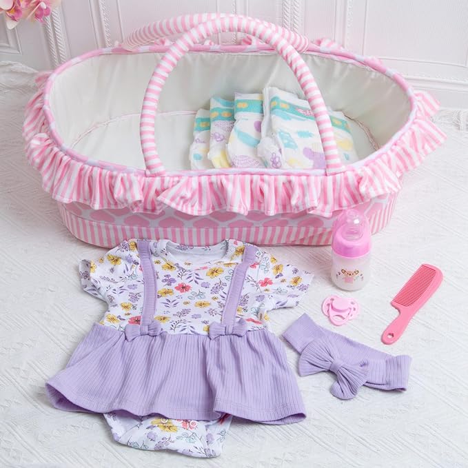 10 Pcs Reborn Baby Doll Clothes with Bassinet for 17-22 Inch Reborn Dolls, Baby Girl Doll Outfits Floral Dress Newborn Baby Doll Accessories Set - Feeding and Caring Set with Bottle Magnetic Pacifier