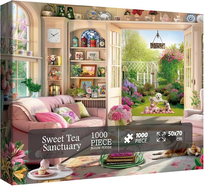 Tea Time Cabin Puzzle 1000 Piece for Adults, Book Cozytime Garden Jigsaw Puzzles, Dog Plant Puzzle