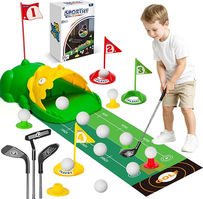 Upgraded Kids Golf Set Kids Golf Clubs With Dinosaur Automatic Golf Returner Toddler Golf Set with Glow Balls, 3-8 Toddler Mini Golf Games, Gator Golf, Indoor Outdoor Sports Toys for Boys, Girls