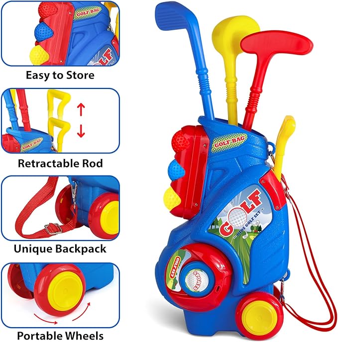 Toddler Golf Set for Boys Girls 1 2 3 4 Years Old, Upgraded Kids Golf Cart with 3 Clubs & 8 Balls, Outdoor Indoor Sports Toys Birthday Gift, Blue