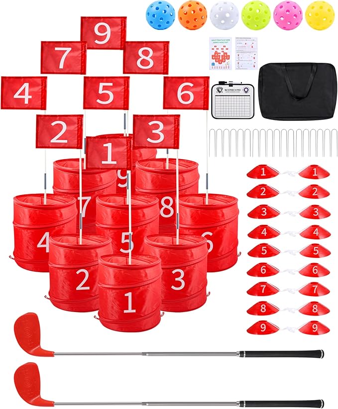 HOTWIND Backyard Golf Game with 2 Clubs, Portable 9 Hole Backyard Golf Course for Indoor & Outdoor Play, Backyard Lawn Beach Golf Practice Game Gifts for Family and Adults