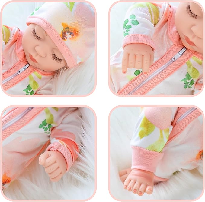 XFEYUE 10 Inch Newborn Reborn Baby Doll and Clothes Set Washable Realistic Soft Silicone Sleeping Baby Doll with Beautiful Flower Pattern Jumpsuit and Hat-Best Gift for Kids Girls