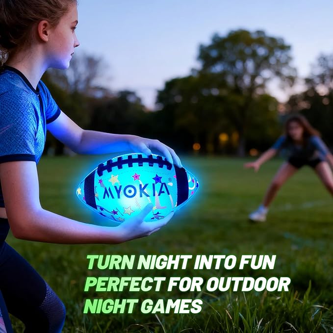 RGB Rechargeable Waterproof Light Up Football Birthday Gift for Kids & Teens 3-15+, Glow in The Dark Ball with Pump & USB Cable, Tri-Color (Red, Green, Blue), Size 6, Outdoor Night Games