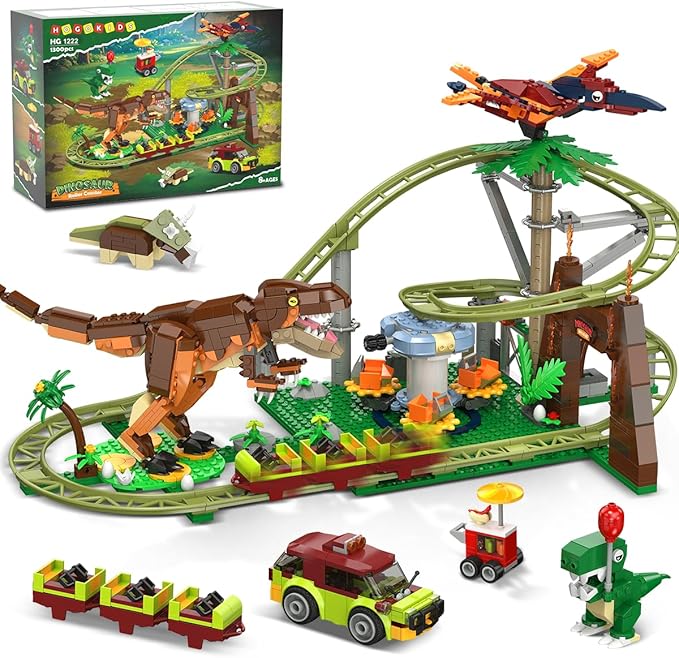 HOGOKIDS Dinosaur Roller Coaster Building Set - 1222 PCS Roller Coaster Building Toy with 4 Dinosaur, Off-Road Vehicle, Food Cart, Dinosaur Models Playset, Gifts for Adults Girls Boys Ages 8-12 Years