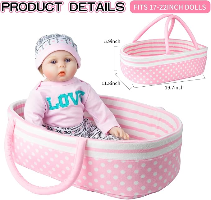 9 Pcs Reborn Baby Girl Dolls Clothes Accessories Outfit with Pink Dot Bassinet for 17-22 Inch Reborn Doll Newborn Baby Girl