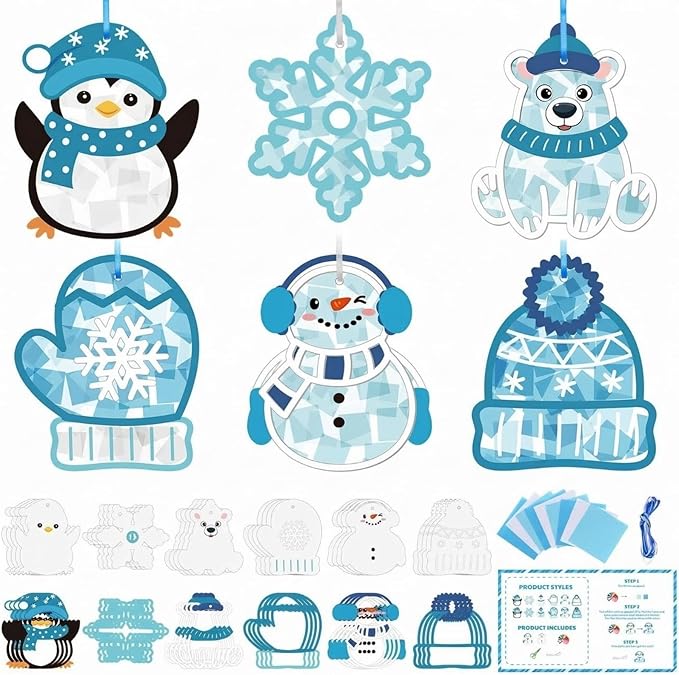 Feifeiya 24 Set Winter Suncatchers Crafts DIY Window Tissue Paper Suncatchers Winter Craft Make Your Own Hanging Ornaments for Christmas Holiday School Party Activities Art Projects