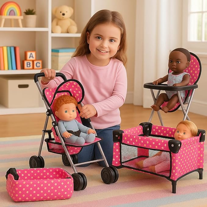 Fash n kolor 3 Piece Baby Doll Play Set – Polka-Dot Design Pack n Play, Foldable Doll Stroller, High Chair – Fits 18 Inch Dolls – Pretend Play Doll Nursery Accessories Set