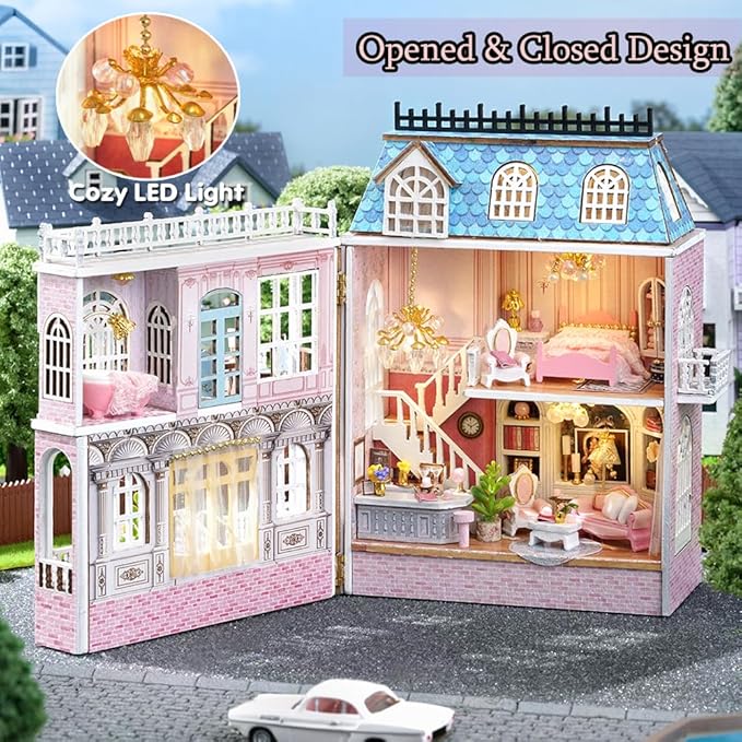 TuKIIE DIY Miniature Dollhouse Kit with Furniture, 1:32 Scale Creative Room Opened & Closed Mini Wooden Doll House for Kids Teens Adults(Romantic Castle)