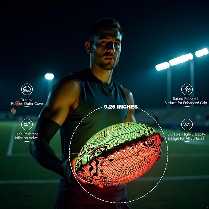 USB-C Rechargeable Football with LED Lights - Glow in the Dark Football, 9.25-inch Dual-Color Light-Up Ball, Night Play Sports Gift for Boys & Girls Outdoor Games
