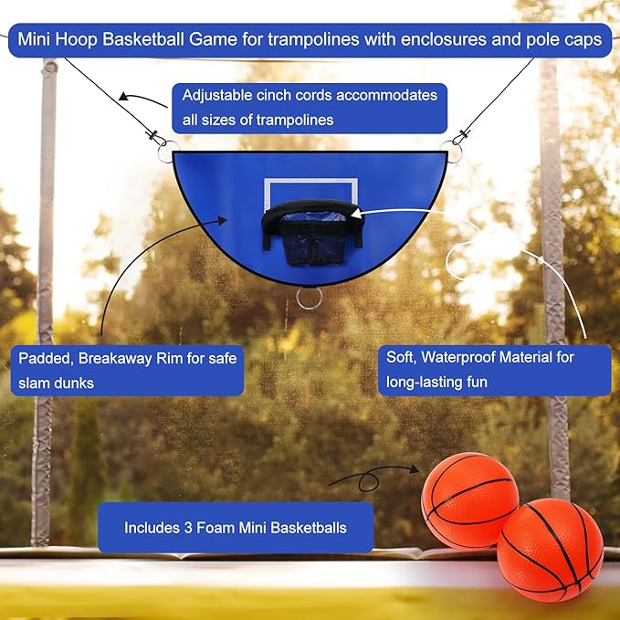 Breakaway Rim Basketball Hoop for Dunking with Mini Basketballs Trampoline Attachment Indoor & Outdoor Use