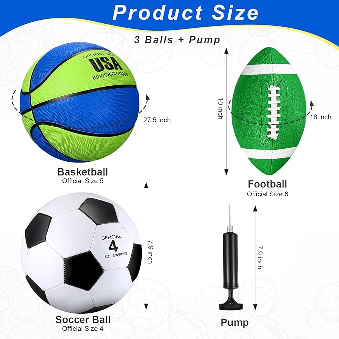 Libima 3 Pcs Sports Ball Set for Kids Teens Include Official Size Basketball Soccer Football with Pump and Carry Bag Training Practice Sport Back to School Gift