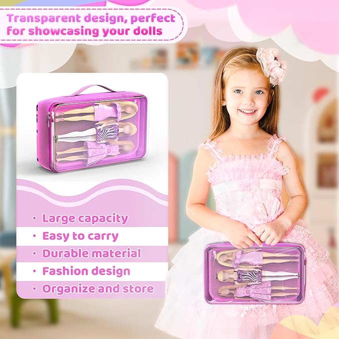 Stylish Travel Case for 12 Inch Fashion Dolls - Storage Solution with Pockets for Doll Accessories - Best for On-The-Go Travel (5-Transparent)