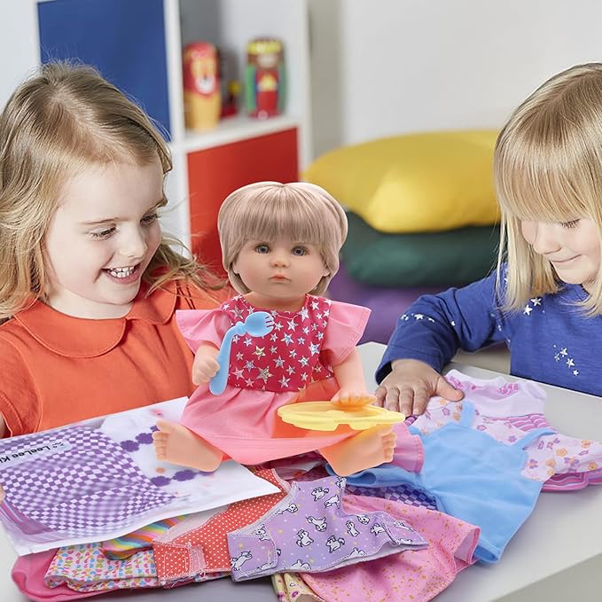 Baby Doll Clothes - Fits 12'' 13'' 14'' 15'' Girl Baby Dolls Clothes 360°Sewing Dresses for with Dolls Diapers, Nipple, and Doll Accessories Pack of 18 Bag Set