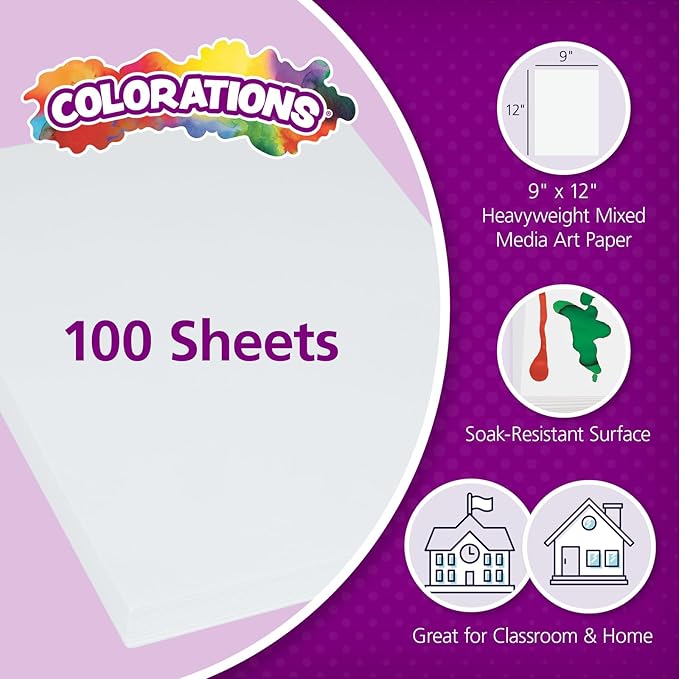 Colorations Art Paper, 9" x 12" Painting & Craft Paper, Finger Paints, Watercolor, Tempera, Drawing, Art Room & Homeschool Crafts 100 sheets