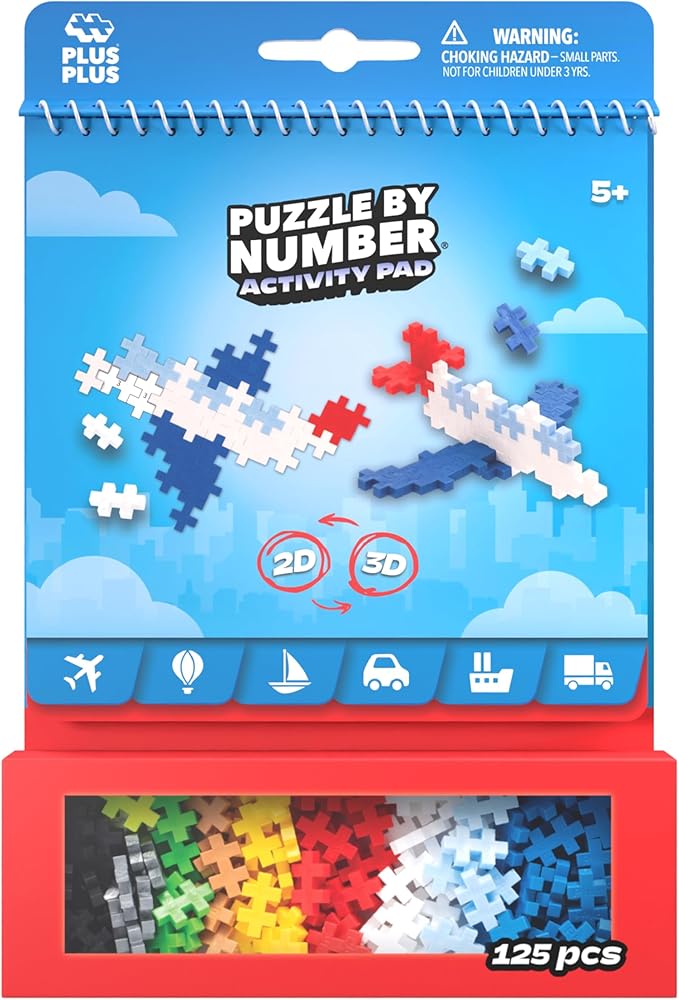 Plus Plus Puzzle By Number Activity Pad, Kids Travel Activities, Interlocking Mini Building Blocks, 3D Puzzle Stem Toy for Kids - Transportation