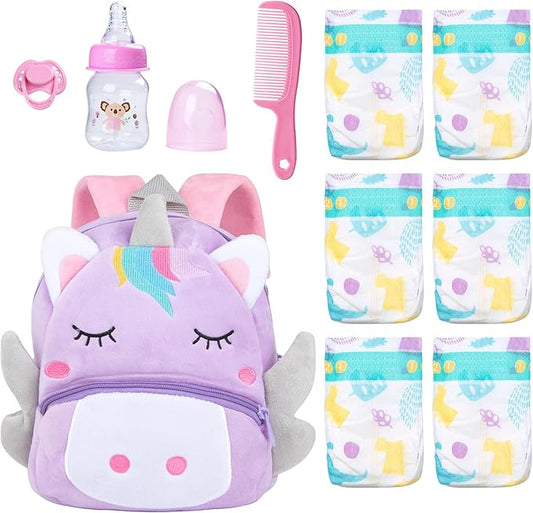 10 Pcs Reborn Baby Doll Diaper Bag Care and Feeding Set for 17-24 inches Reborn Dolls Newborn Baby Accessories with Unicorn Backpack Diapers Pacifier Bottle Comb