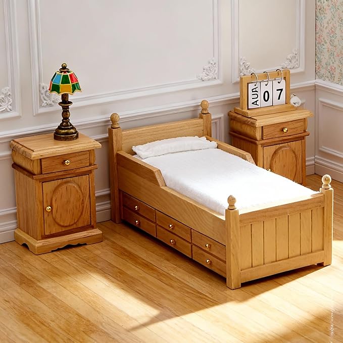 Dollhouse Miniature Bed with Drawer 1:12 Wooden Furniture European Bedroom Bedding Furniture Accessories with Pillow & Mattresses Vintage Floral Fabric Mini House Decoration (Woody)