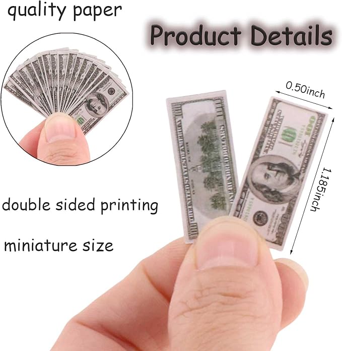 500 Pieces Tiny Money Bills Miniature Money 100 Dollar Bills for 1/6 Scale Miniature Doll Accessories Dollhouse Scene Decor Model,Tiny Collectibles, Mini Props Accessories for Action Figures (Set A)