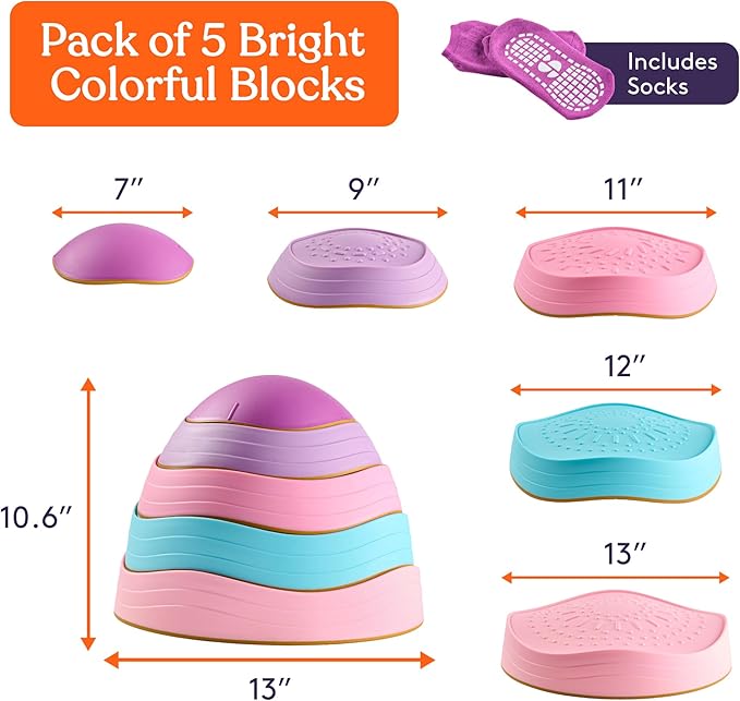 Special Supplies Stepping Stones for Kids, 5 Balance Indoor and Outdoor Blocks Promote Coordination, Balance, Strength, Child Safe Rubber, Non-Slip Edging, Stackable