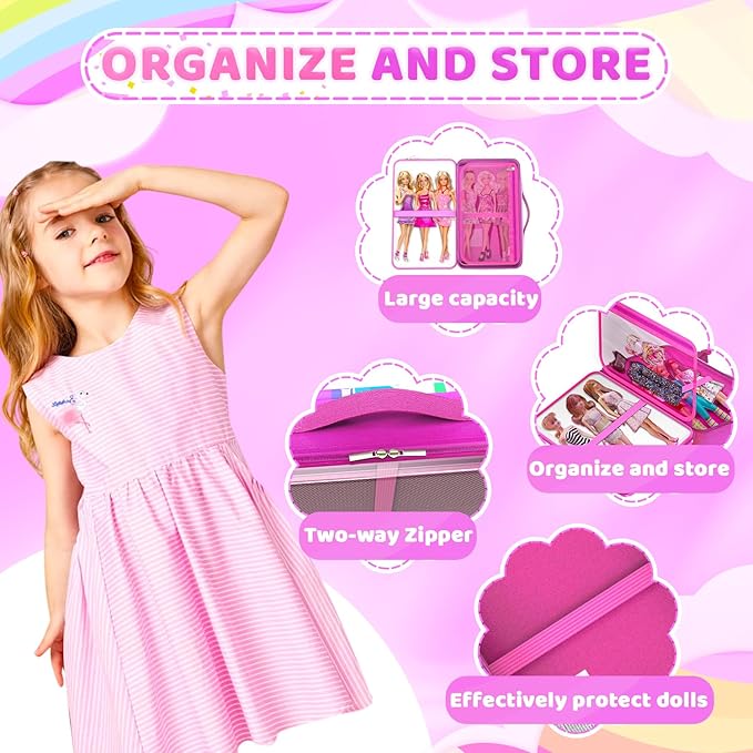 Carrying Case Compatible with Barbie Dolls 12-Inch,Case to Hold Dolls and Clothes, Much Pocket for Doll’s Clothes, Accessories, Fits 6 Dolls & Accessories,Bag Only (7-Transparency&Rainbow)