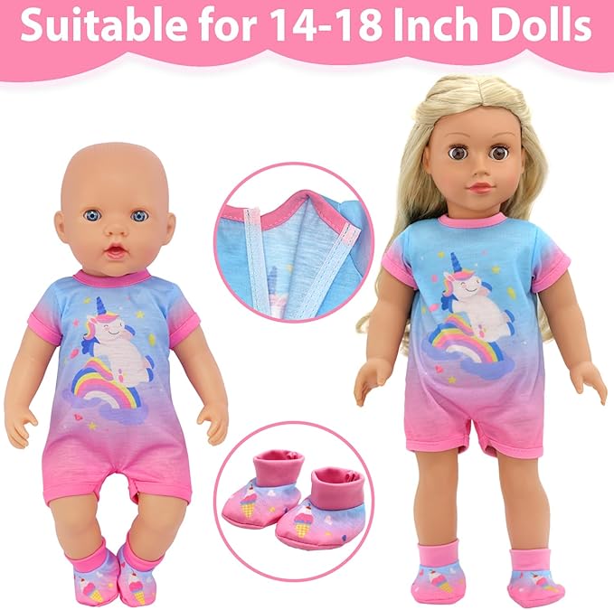 ECORELF 4 Set Doll Clothes, Baby Doll Clothes for 14 -16 Inch, 18 Inch Girl Doll Clothes Outfits and Accessories 7 Pcs Include Jumpsuit, Dresses, Headbands, Hats, Shoes (No Dolls)