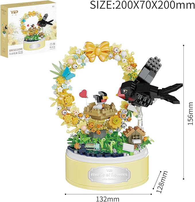 DIY Garden Toy Kit for Kids, Bird-Shaped Flower Building Set, Educational STEM Gift for Girls Boys Age 8+, Rotating Music Box Craft, Birthday Present Home Decor (Yellow