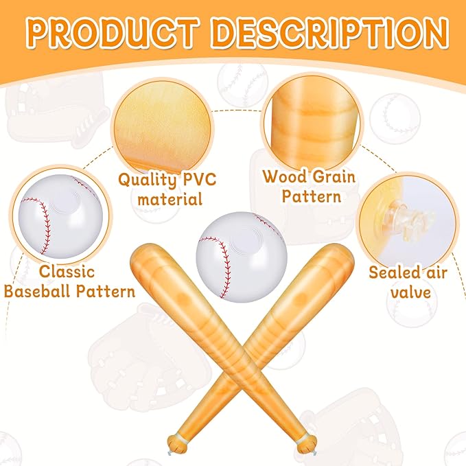 10 Pieces Inflatable Baseball Set, Including 4 Piece 30 Inch Baseball Bat and 6 Piece 5 Inch Beach Baseball, Sports Party Decorations for Kid Adult Pool & Beach Sports Games