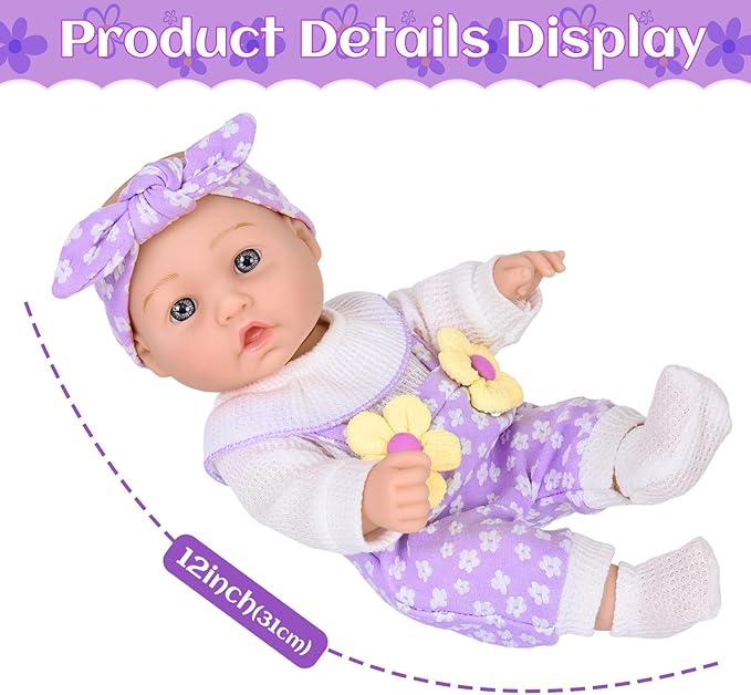 12" Flower Pattern Baby Doll With Backpack Carrier Can Store Clothes and Accessories,12 Inch Baby Dolls Set In Gift Box With Hanky Pacifier Bottle Pretend Baby Care Toy For Girl Child Toddler 3+ Gifts