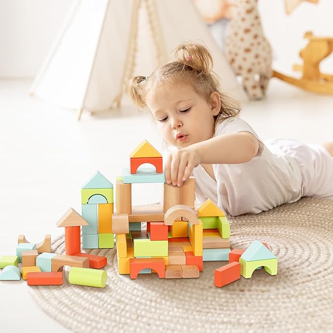 100pcs Wooden Blocks for Toddlers 1-3, Building Blocks for Toddlers 1-3, Wooden Block for Baby Shower with Storage Bucket, Montessori Toys for Preschool Girls and Boys