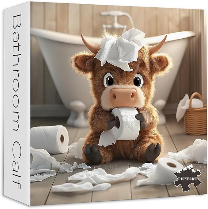 Highland Cow Puzzles for Adults 1000 Pieces,Cute Cow Jigsaw Puzzle, Funny Bathroom Calf Puzzles, Challenging Animal Theme as Wall Decor