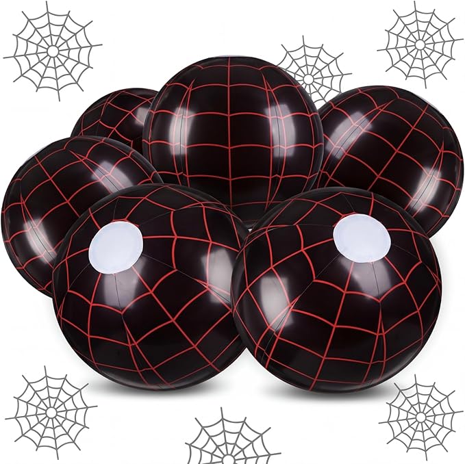 Soulchen 6 Pack Spider Web Themed Beach Ball Bulk for Kids 8" Inflatable Spider Themed Black Ball for Summer Pool and Beach Game Gifts Birthday Party Supplies End of The Year Class