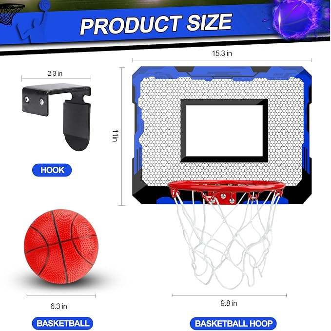 Indoor Mini Basketball Hoop Set Gift for Kids Adults, Upgrade Over Door Hoop with 4 Rubber 6" Balls, Wall Mount Hoop for Bedroom Yard, Christmas Stocking Stuffer Gift for Boys Teen