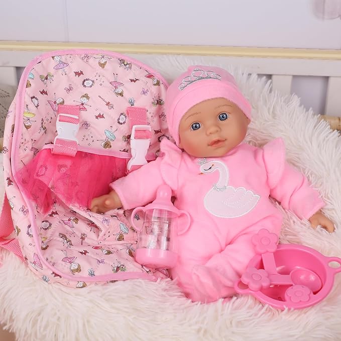 13" Soft Baby Doll with Take Along Pink Doll Backpack Carrier, 6 Piece Play Set with Bottle & Accessories(Pink)