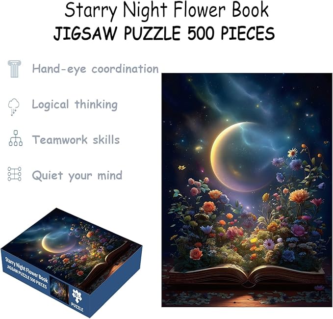 Puzzles for Adults 500 Pieces, Flowers Jigsaw Puzzles - Starry Night Flower Book, Impossible Book Puzzle for Seniors Families, 20.47x14.96 Inches, 1:1 Poster, Letter On The Back