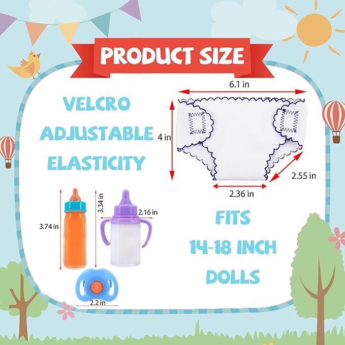 7 Pcs Baby Doll Accessories, 4 Doll Diapers for 14-18 Inch Doll, Magic Disappearing Milk & Juice Bottles with Toy Pacifier for Reborn Baby Doll Diapers and Feeding Bottle Toys Reusable