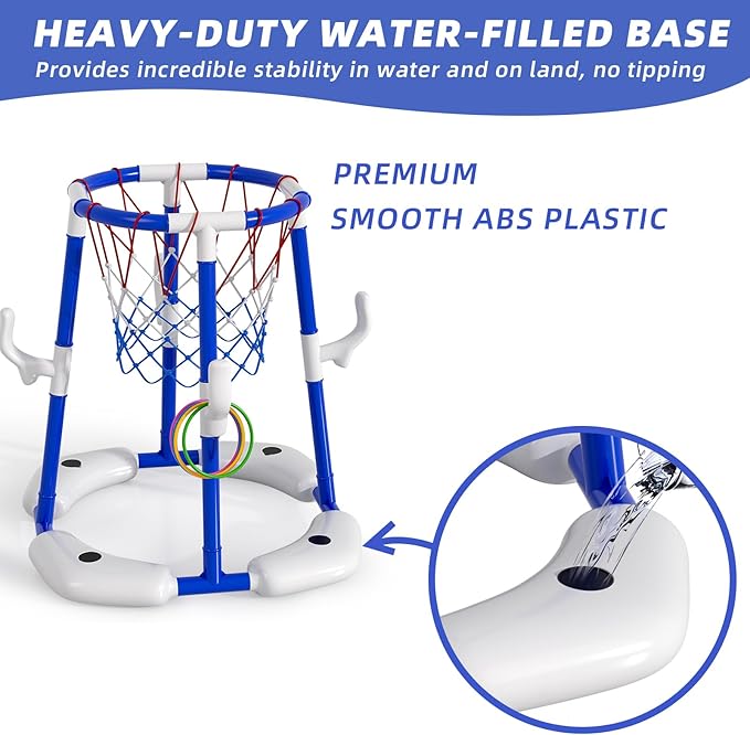 Pool Basketball Hoop for Kids 4-8 & 8-12 Years Old - 2-in-1 Floating & Above Ground Water Game with 4 Balls, 12 Rings & Pump, Outdoor Play Swimming Pool Toy for Adult Summer Party