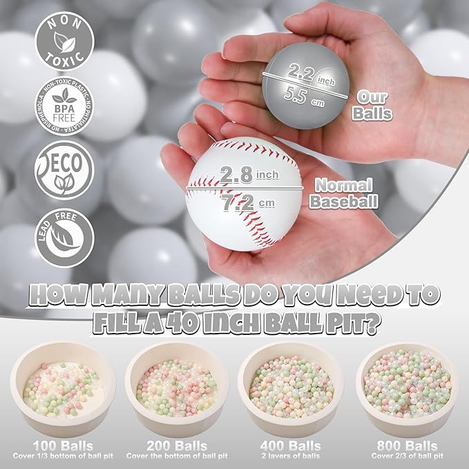 GOGOSO Ball Pit Balls for Toddler, Baby Plastic Playballs Kids Soft Pastel Pelotas Non-Toxic BPA-Free Gray+Pearl Gary+ White, 50 Balls