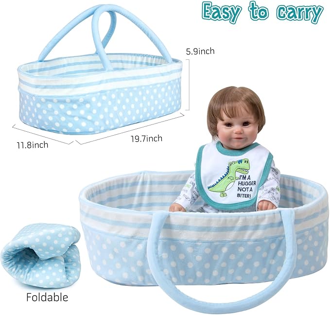 12Pcs Reborn Boy Baby Doll Clothes Accessories Dinosaur Clothes for Reborn Baby Doll 17-22 Inch Realistic Outfits with Bassinet Diapers Blue Newborn Doll Stuffs