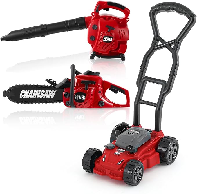 3 Pcs Toy Gardening Tool Set for Kids Toy Leaf Blower Chainsaw Push Lawn Mower Pretend Set with Lights and Sounds Christmas Birthday Gifts for Boys Girls